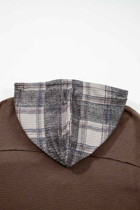 Patchwork Drawstring Hooded Plaid Shacket