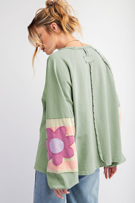 Flower Patchwork Raglan Sleeve Exposed Seam Oversized Top