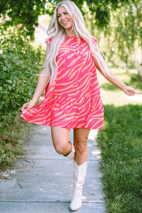 Pink Zebra Stripe Printed Ruffle Trim Pocketed Dress
