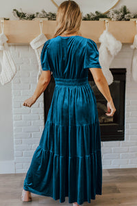 Velvet Short Sleeve Shirred Waist Tiered Maxi Dress