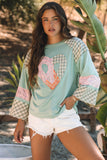 Plaid Floral Peace Heart Graphic Wide Long Sleeve Top