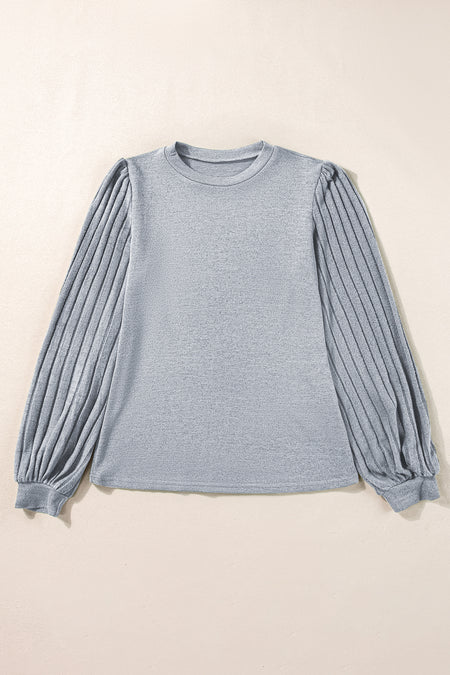 Buttoned V Neck Ribbed Puff Sleeve Top