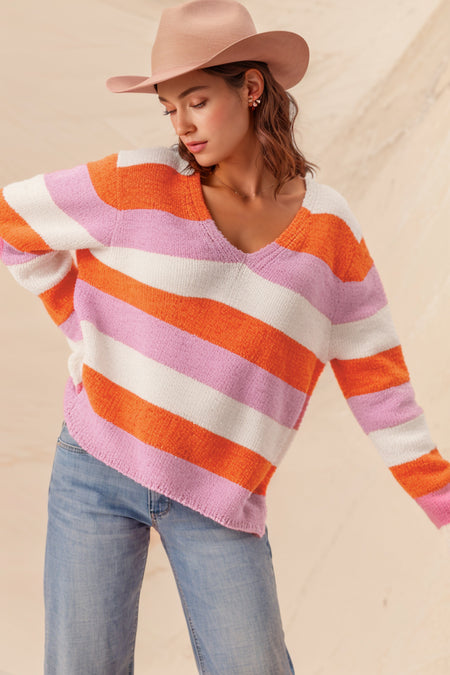 Colorblock V Neck Casual Sweater