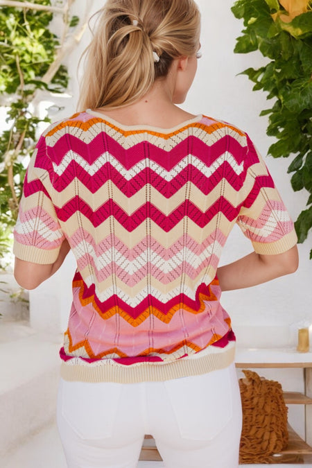 Pink Stripe Chevron Pointelle Knit V Neck Short Sleeve Sweater