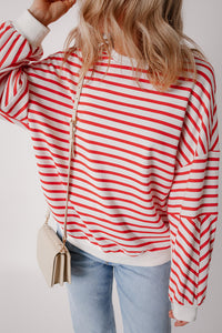 Stripe Drop Shoulder Crew Neck Loose Sweatshirt