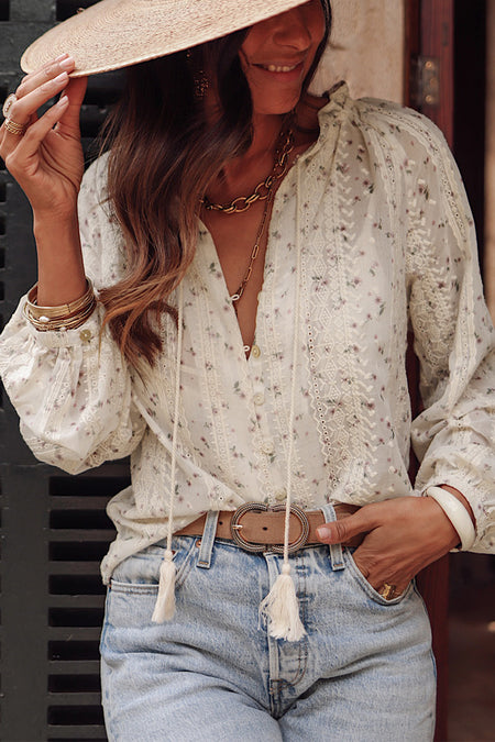 Embroidered Lace Bubble Sleeve Shirt