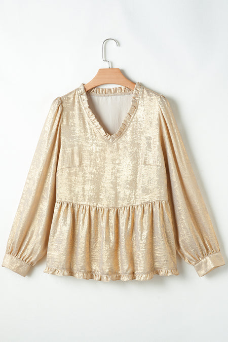 Metallic Frilled V Neck Puff Sleeve Babydoll Blouse