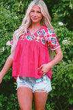 Embroidered Tassel Tie V Neck Blouse