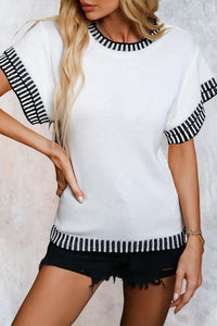 Contrast Trim Round Neck Batwing Sleeve Knitted Top