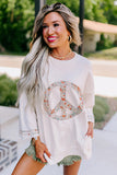 Floral Peace Sign Graphic Drop Shoulder Wide Sleeve Casual Top