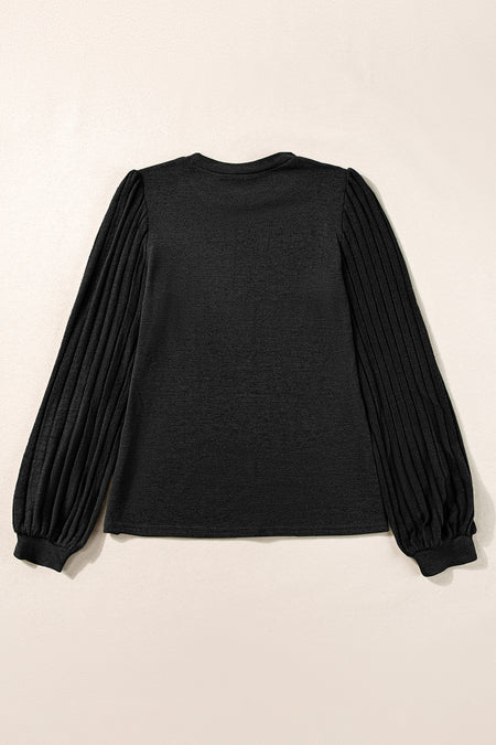 Buttoned V Neck Ribbed Puff Sleeve Top