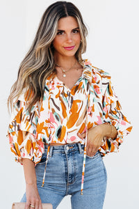 Frilled V Neck 3/4 Sleeve Blouse