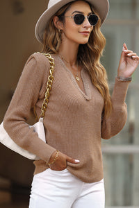 Braided Notched V Neckline Puff Sleeve Knitted Sweater