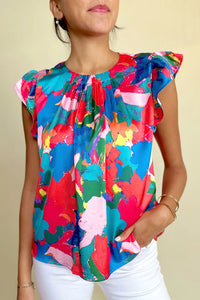 Abstract Print Pleated Neck Flutter Sleeve Blouse