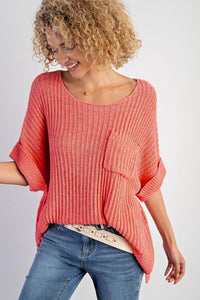 Rolled Cuffs Loose Knit Tee with Slits