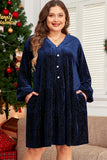 Plus Size Textured Velvet Tiered Button V Neck Dress