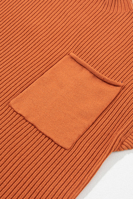 Patch Pocket Ribbed Knit Short Sleeve Sweater