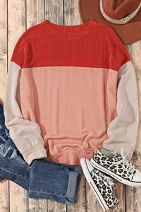 Color Block Long Sleeve Ribbed Loose Top