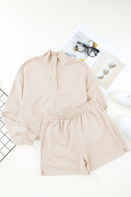 High Neck Henley Top and Short Outfit