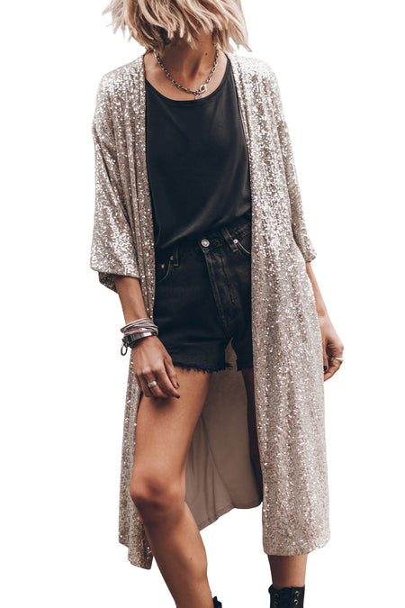 Sequin 3/4 Sleeve Open Front Duster Kimono