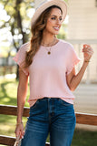 Solid Textured Ruffled Short Sleeve Blouse