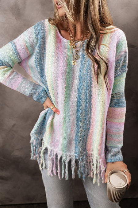 Color Block Fringed Drop Shoulder Tunic Sweater Amaryllis Apparel