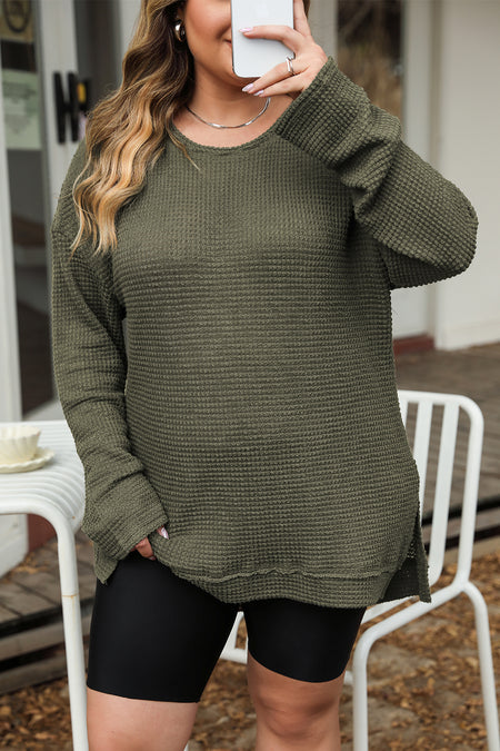 Khaki Waffle Knit High Slits Oversized Top