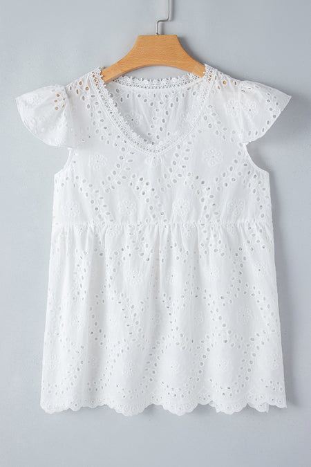 White V Neck Ruffled Embroidered Sleeveless Top