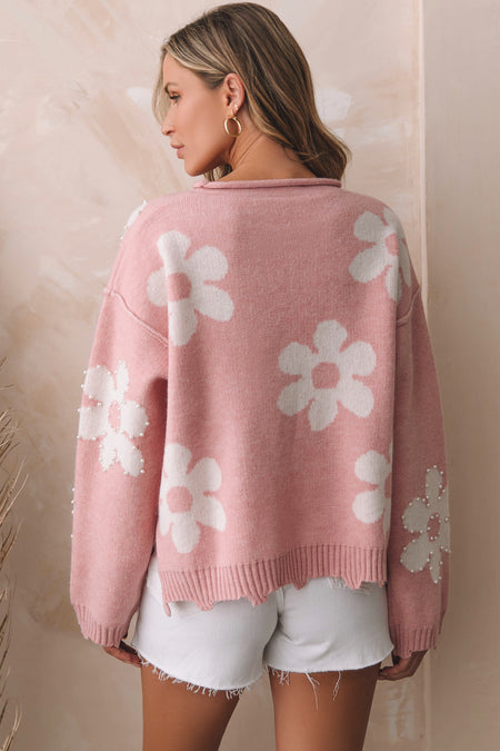 Pearl Beaded Floral Drop Shoulder Sweater