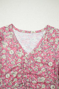 Floral Short Puff Sleeve V Neck Ruched Blouse