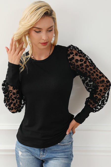 Leopard Mesh Puff Sleeve Patchwork Slim Fit Top