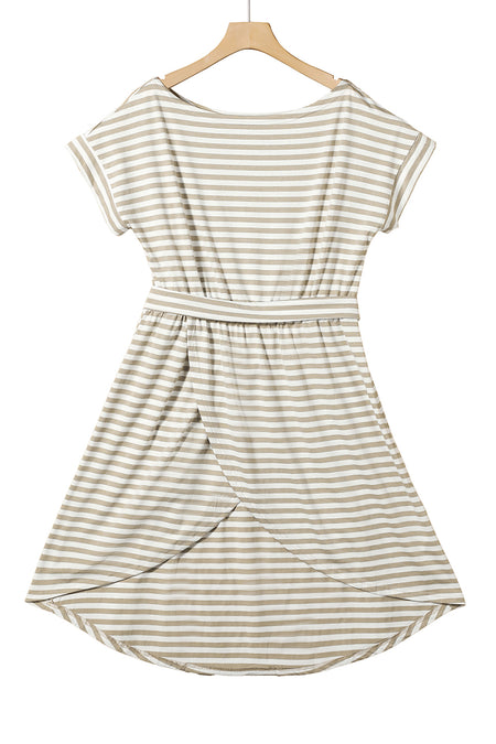 Khaki Stripe Short Sleeve Belted Wrapped Hemline T-Shirt Dress