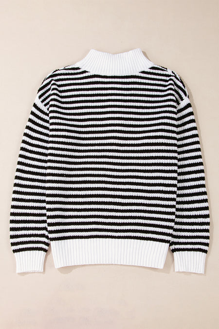 Stripe Zip up Collar Drop Shoulder Sweater