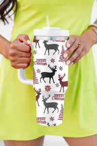 Merry Christmas Tree Snowflake Elk Print Handle Tumbler