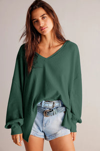 V Neck Long Sleeve Drop Shoulder Loose Blouse