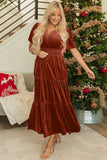 Velvet Short Sleeve Shirred Waist Tiered Maxi Dress