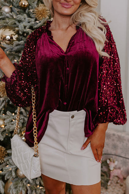 Sequin Patchwork Sleeve Button Up Velvet Top