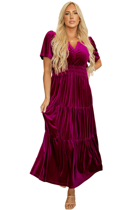 Velvet Short Sleeve Shirred Waist Tiered Maxi Dress