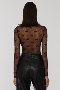 Bow Pattern Accent Mesh Long Sleeve Top