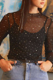 Rhinestone Sheer Mesh Slim Fit Long Sleeve Top