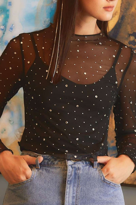 Rhinestone Sheer Mesh Slim Fit Long Sleeve Top