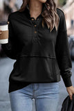 White Ribbed Hem Snap Button Neckline Sweatshirt with Pocket