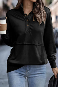 White Ribbed Hem Snap Button Neckline Sweatshirt with Pocket