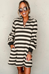 Stripe Collared V Neck Long Sleeve Loose Casual Dress