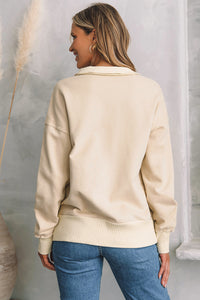 White Ribbed Hem Snap Button Neckline Sweatshirt with Pocket