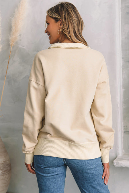 White Ribbed Hem Snap Button Neckline Sweatshirt with Pocket