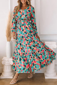 Bohemia Print V Neck Ruffle Long Sleeve Maxi Dress