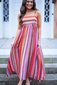 Striped Thin Straps Smocked Back Boho Maxi Dress