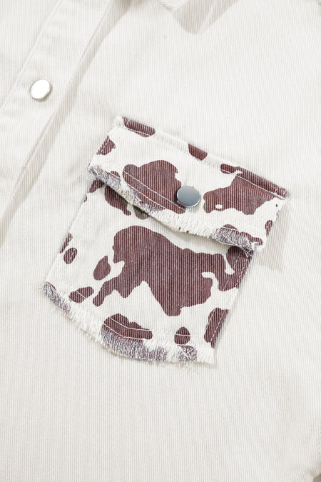 Cow Spot Patchwork Distressed Hem Long Denim Jacket