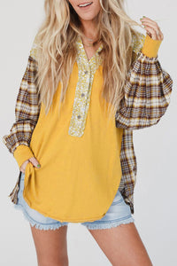 Floral Plaid Mixed Print Bishop Sleeve Patchwork Top